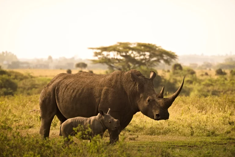 African safari hotel- mama rhino and her calf roaming around the Mara grasslands