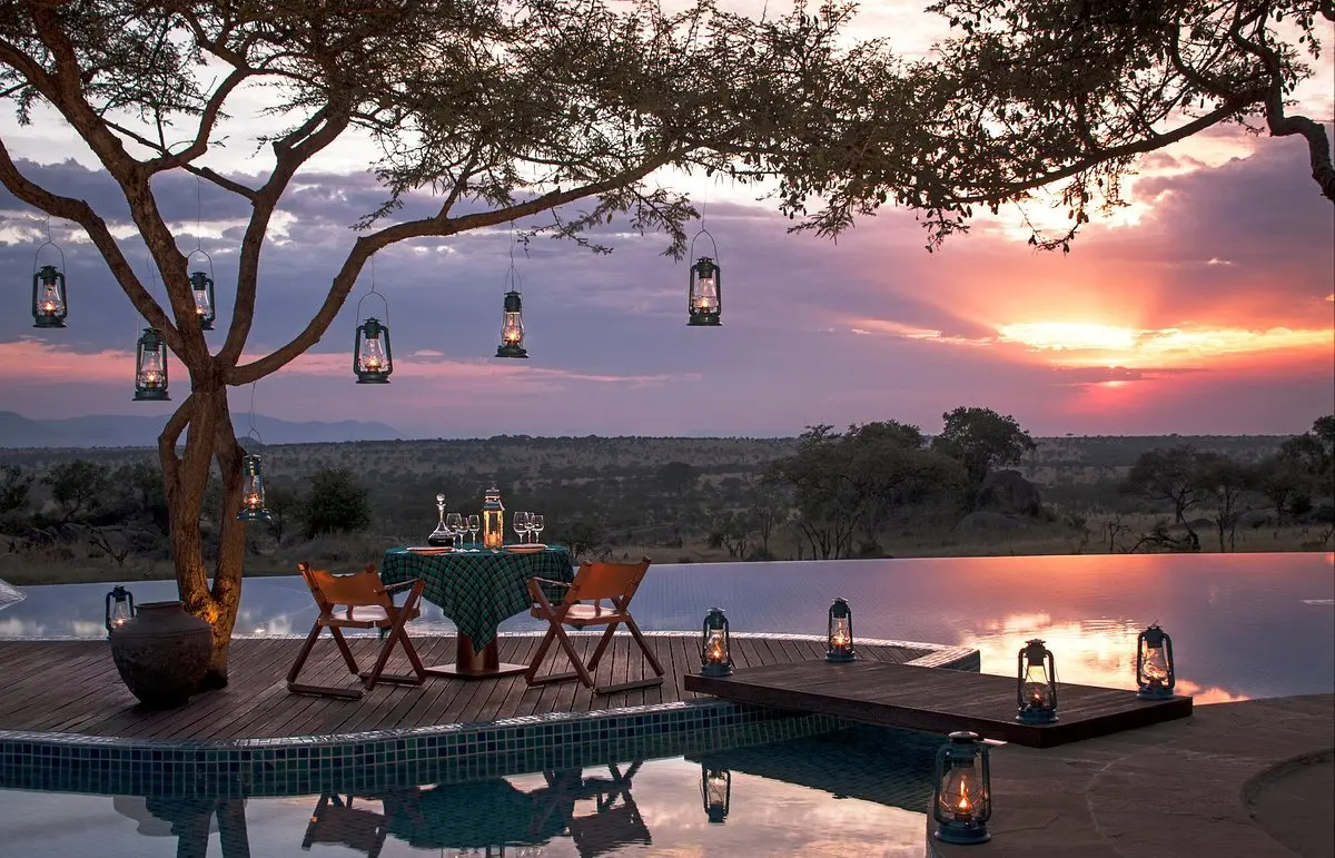 A view of the lounge and dining area of the Four Seasons Safari Lodge Serengeti