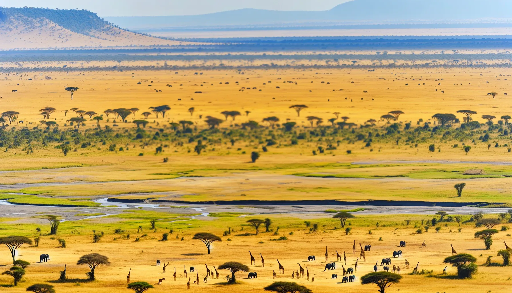 Aerial view of African savannah, a vast grassy field where wildlife roams freely.