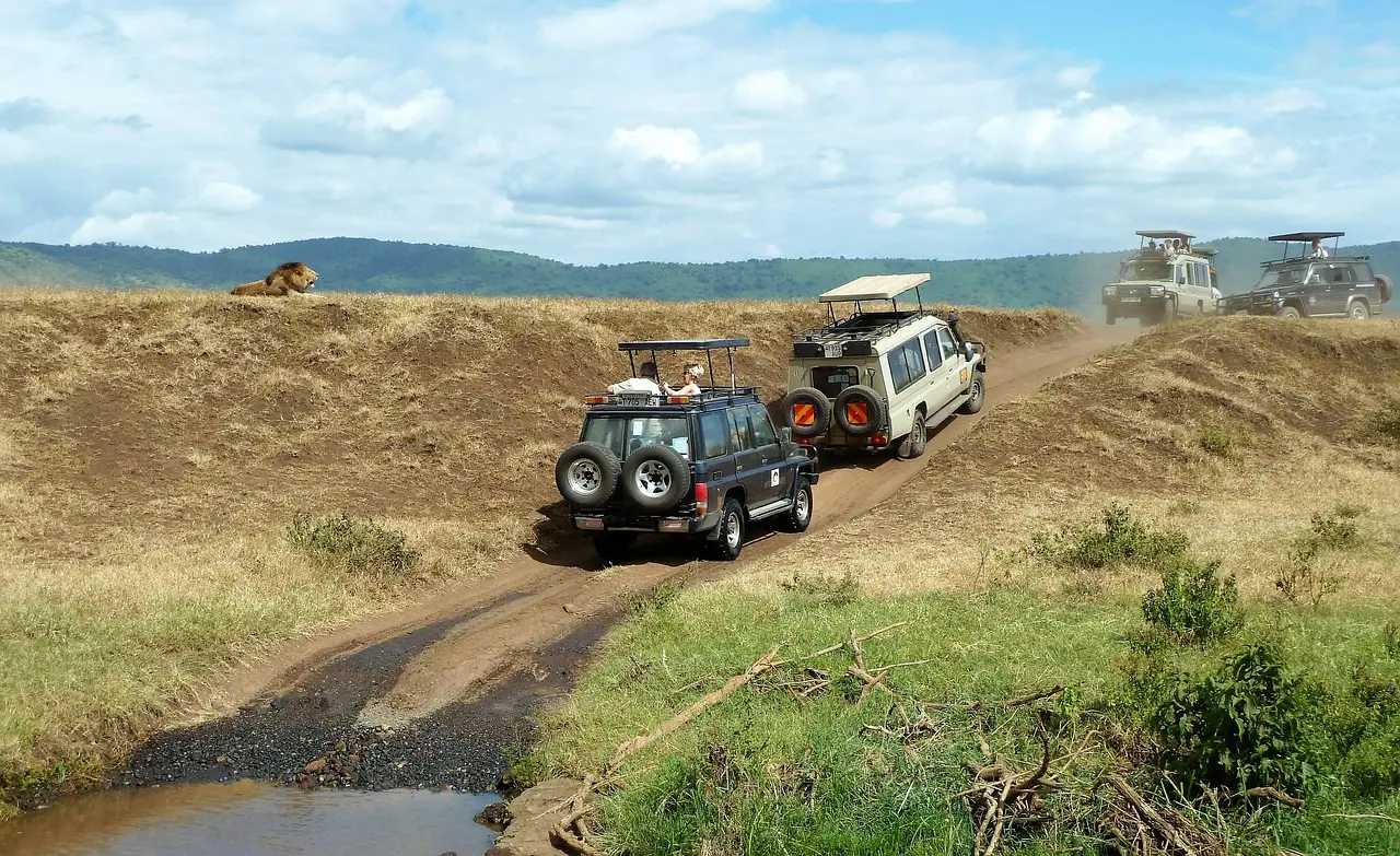 A safari jeep driving through Masai Mara National Reserve in Kenya