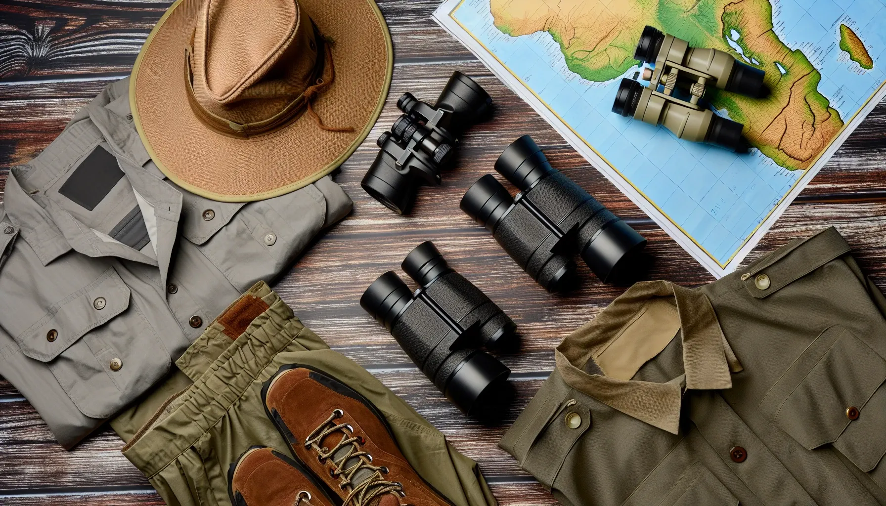 Essential clothing and accessories for an African safari adventure displayed on a wooden table